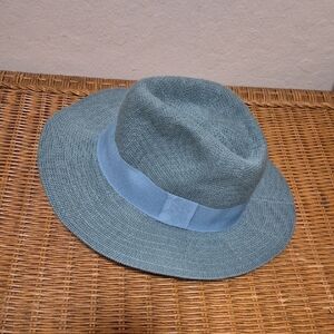 Anthropologie Blue Trimmed Woven Cotton Blend Fedora Hat Very Pliable For Travel